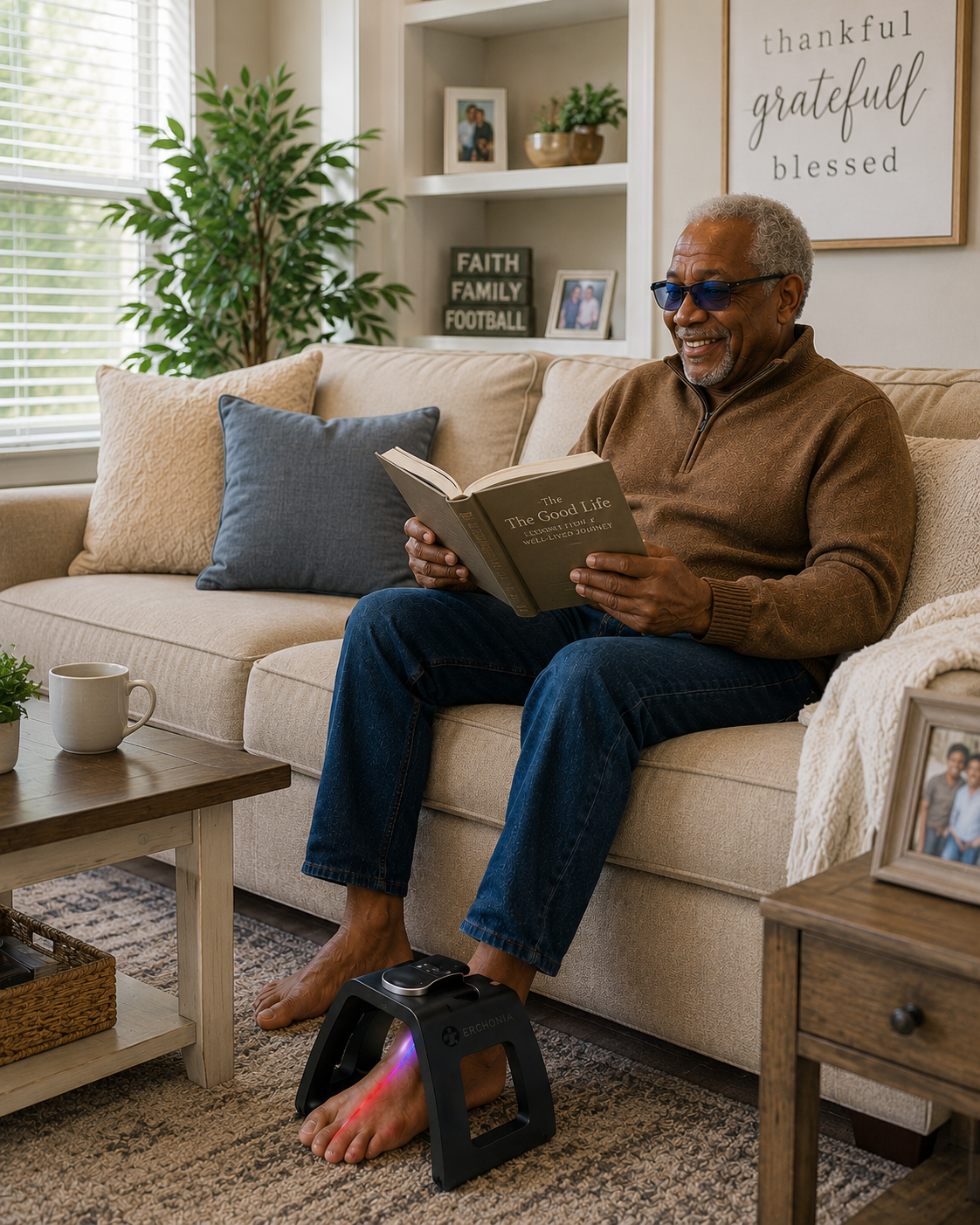 Patient receiving at-home DPN laser treatment while reading a book