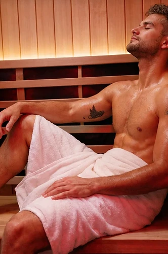 Man relaxing in a wooden sauna