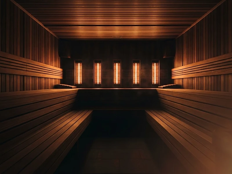 Cedar-lined infrared sauna glowing with warm light