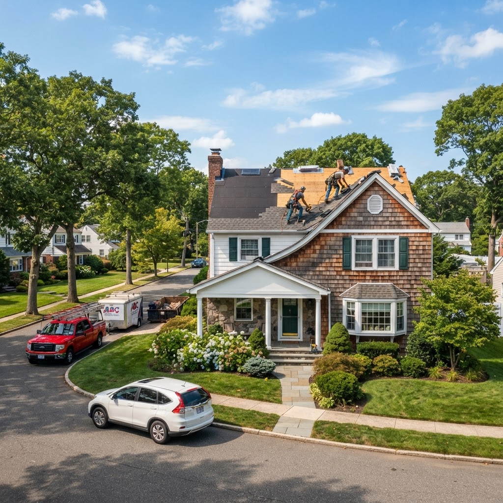 Long Island contractors working on a home roof replacement