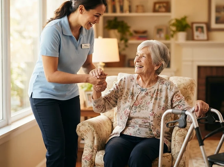 A senior caregiver assisting an elderly woman at home