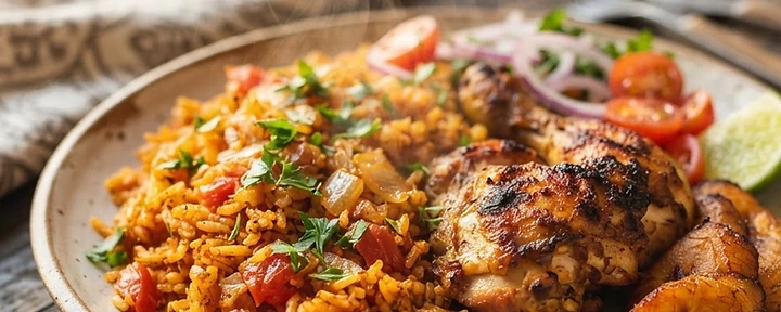 Freshly prepared jollof rice at Millennium Corner