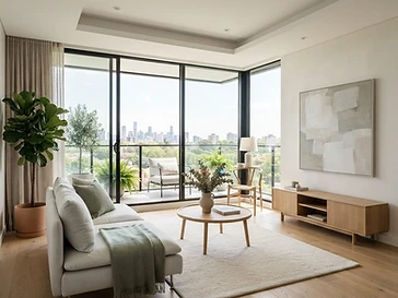Modern minimalist living room with sage green accents