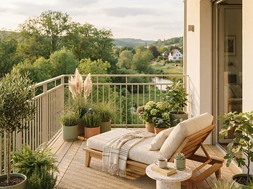 Private balcony with plants and outdoor seating