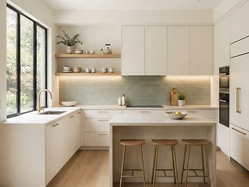 Clean modern kitchen with sage green backsplash