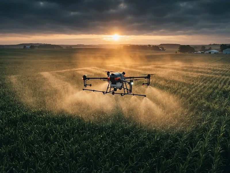 Heavy-lift agricultural drone spraying a cornfield at sunrise
