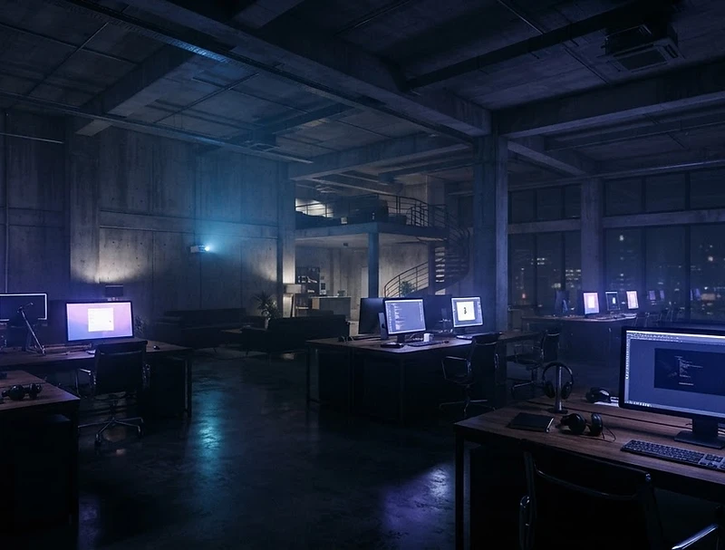 Full Haus Media creative workspace at night