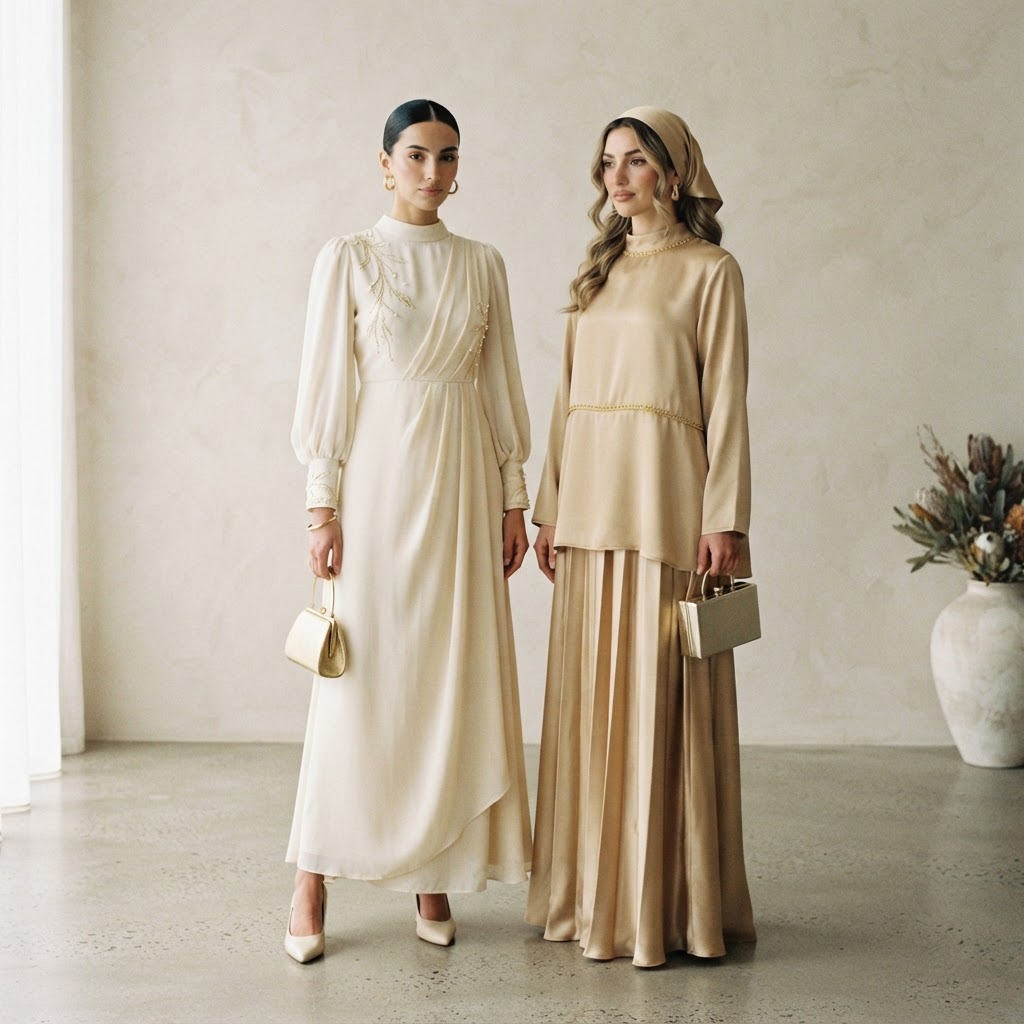 Woman wearing elegant modest nikah and walima guest outfits in a garden setting