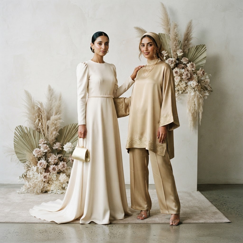 A model wearing a stunning elegant abaya suitable for nikah and walima guest outfits