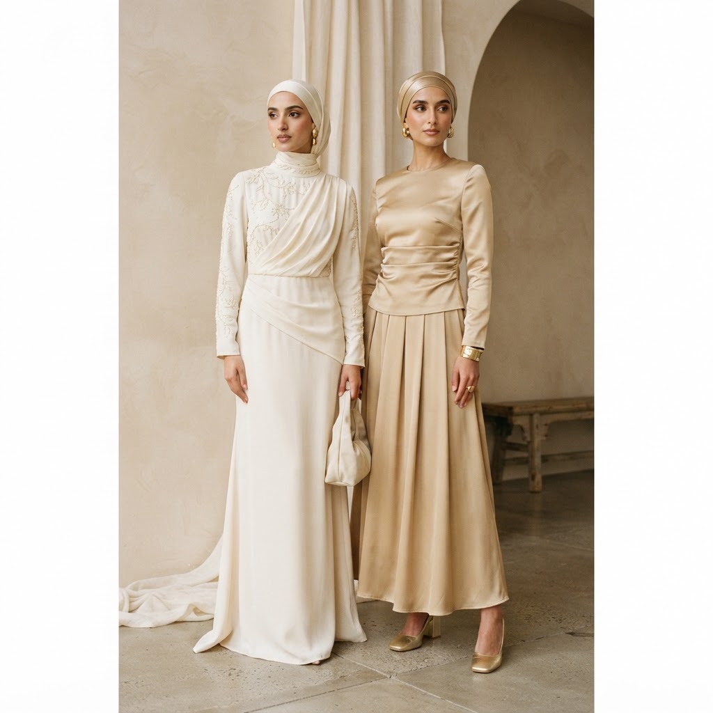 Woman wearing an elegant modest dress suitable for nikah and walima guest outfits