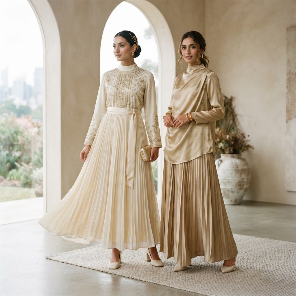 Woman wearing a sophisticated modest dress styled for nikah and walima guest outfits