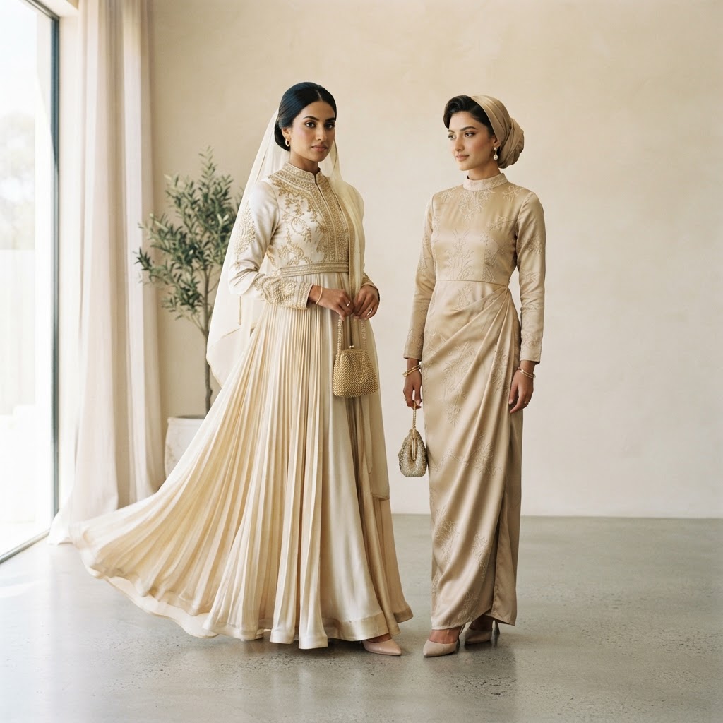Woman wearing stylish modest nikah and walima guest outfits in a garden setting