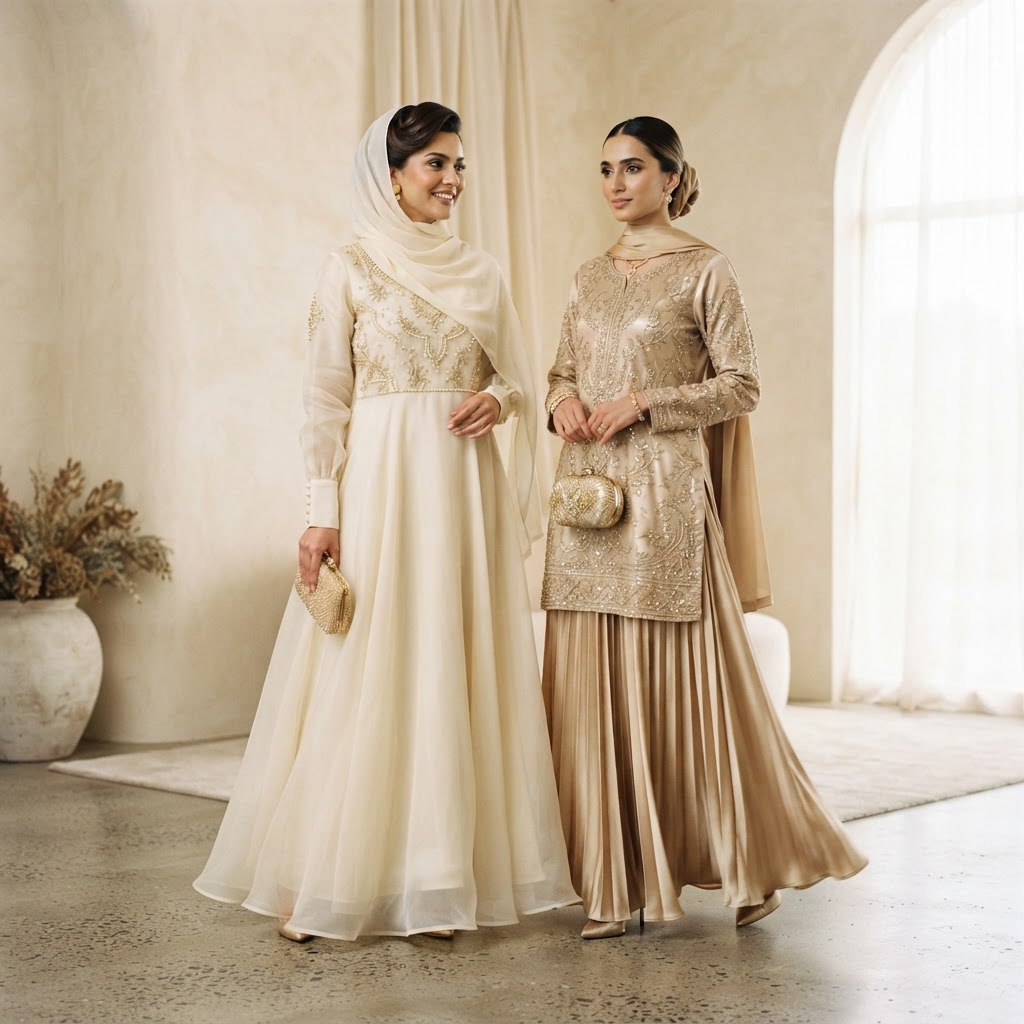 Woman wearing elegant modest nikah and walima guest outfits in a garden setting