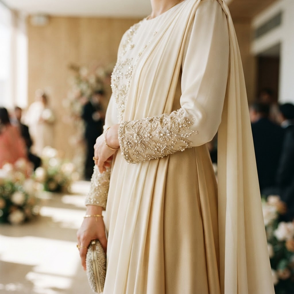 Detailed view of elegant fabrics and embroidery on premium nikah and walima guest outfits