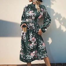 Emerald Bloom High-Neck Gathered Midi — Everyday Elegance