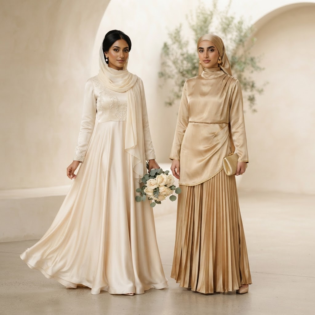 Woman elegantly styled in a modest evening gown for a nikah and walima guest outfit.