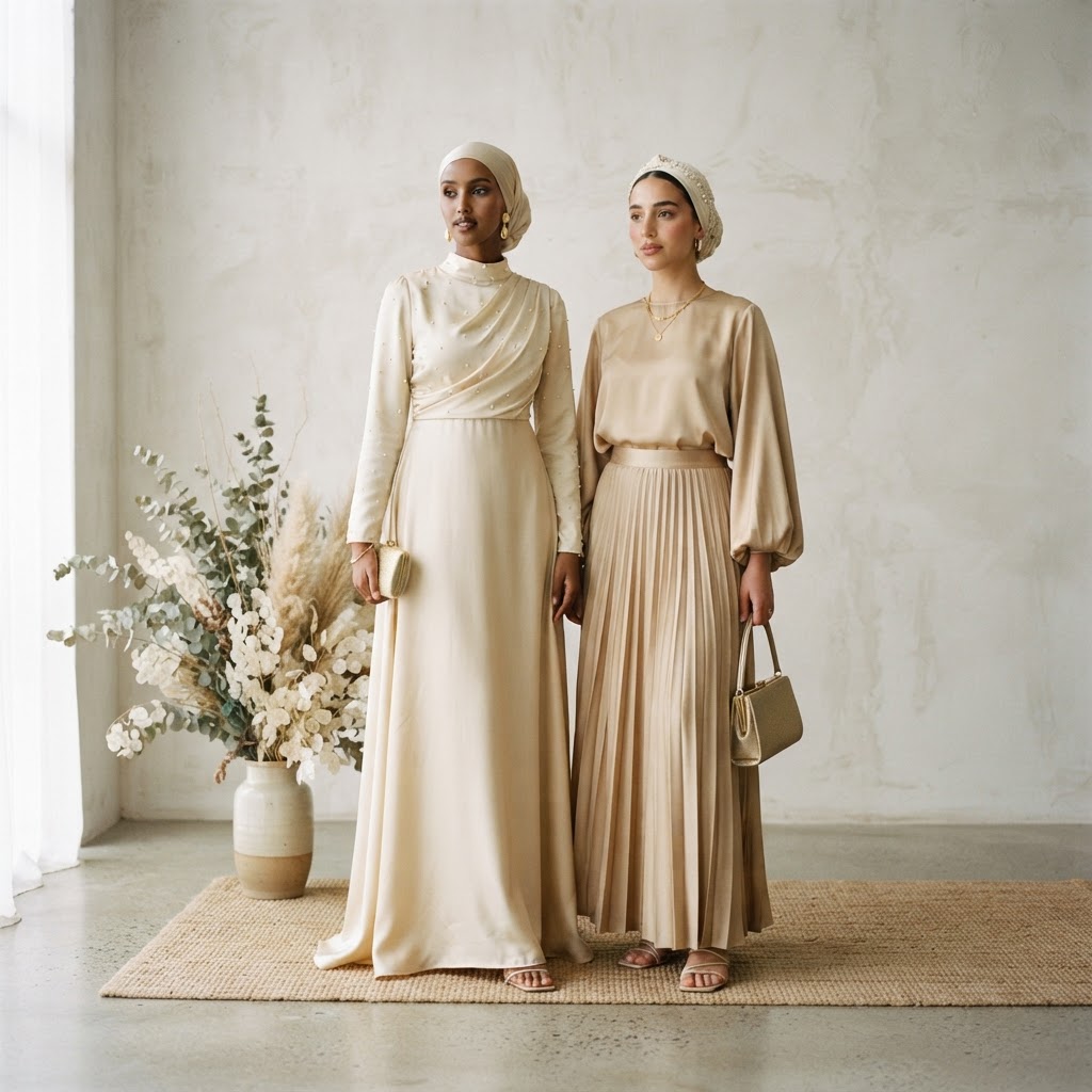 Woman wearing sophisticated modest attire suitable for nikah and walima guest outfits