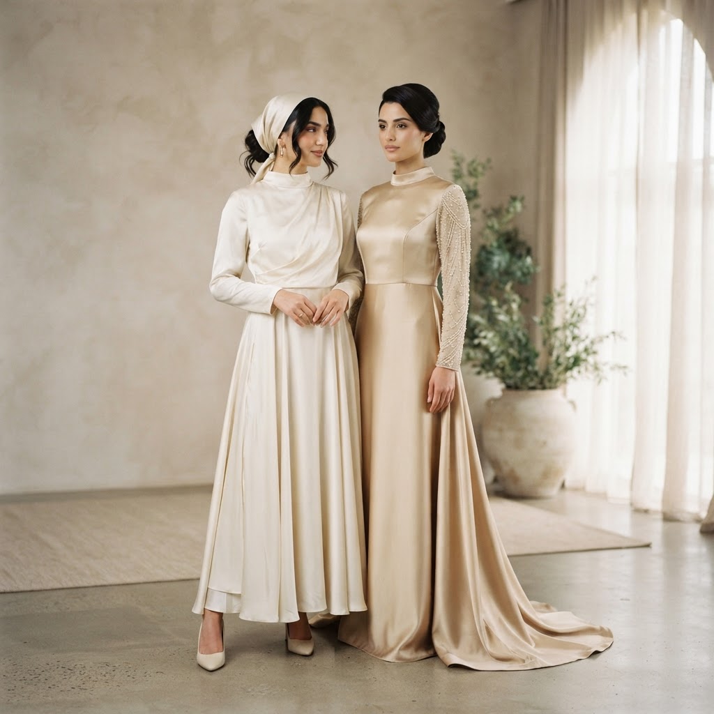 Woman wearing stylish modest nikah and walima guest outfits in a garden setting