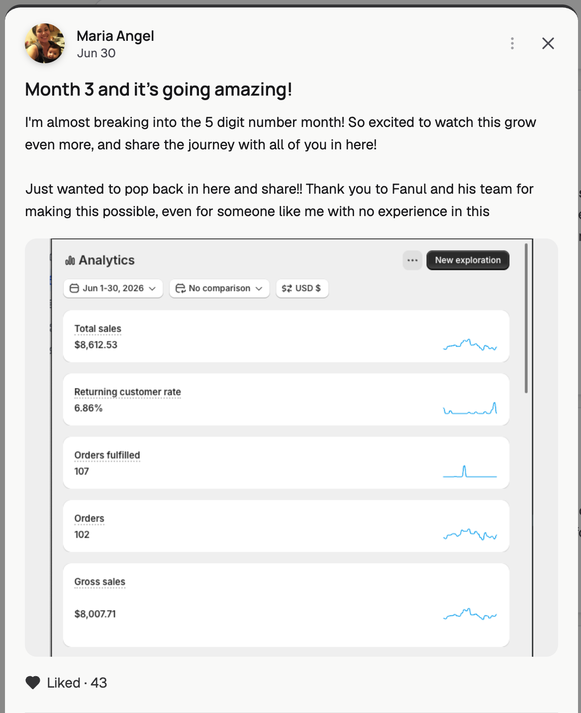 Maria's community post — $8,612 in month 3