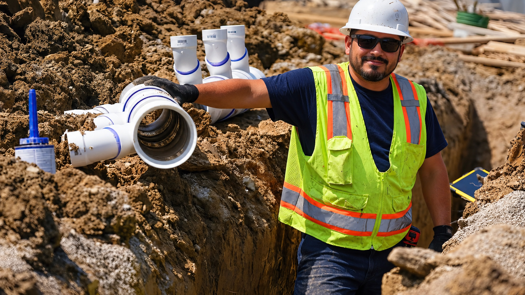 Plumber in trench working on commercial PVC pipe installation