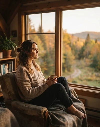 Persona en calma junto a ventana