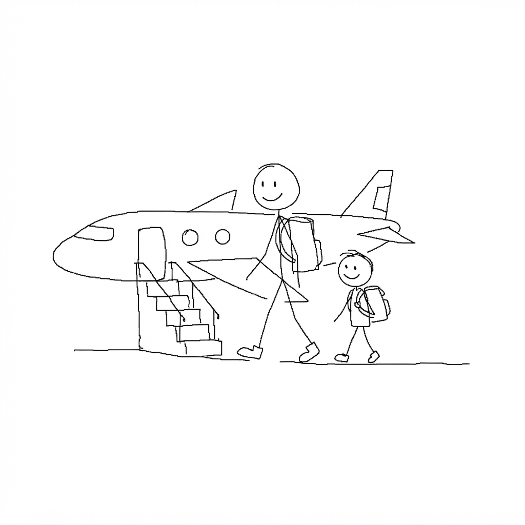 Stick-figure family with backpacks walking toward an airplane
