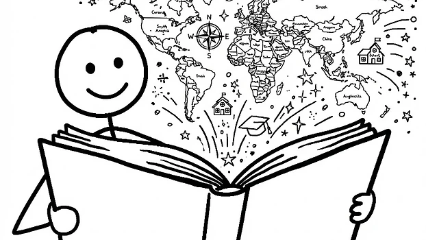 A stick-figure opening a book that spills out a world map