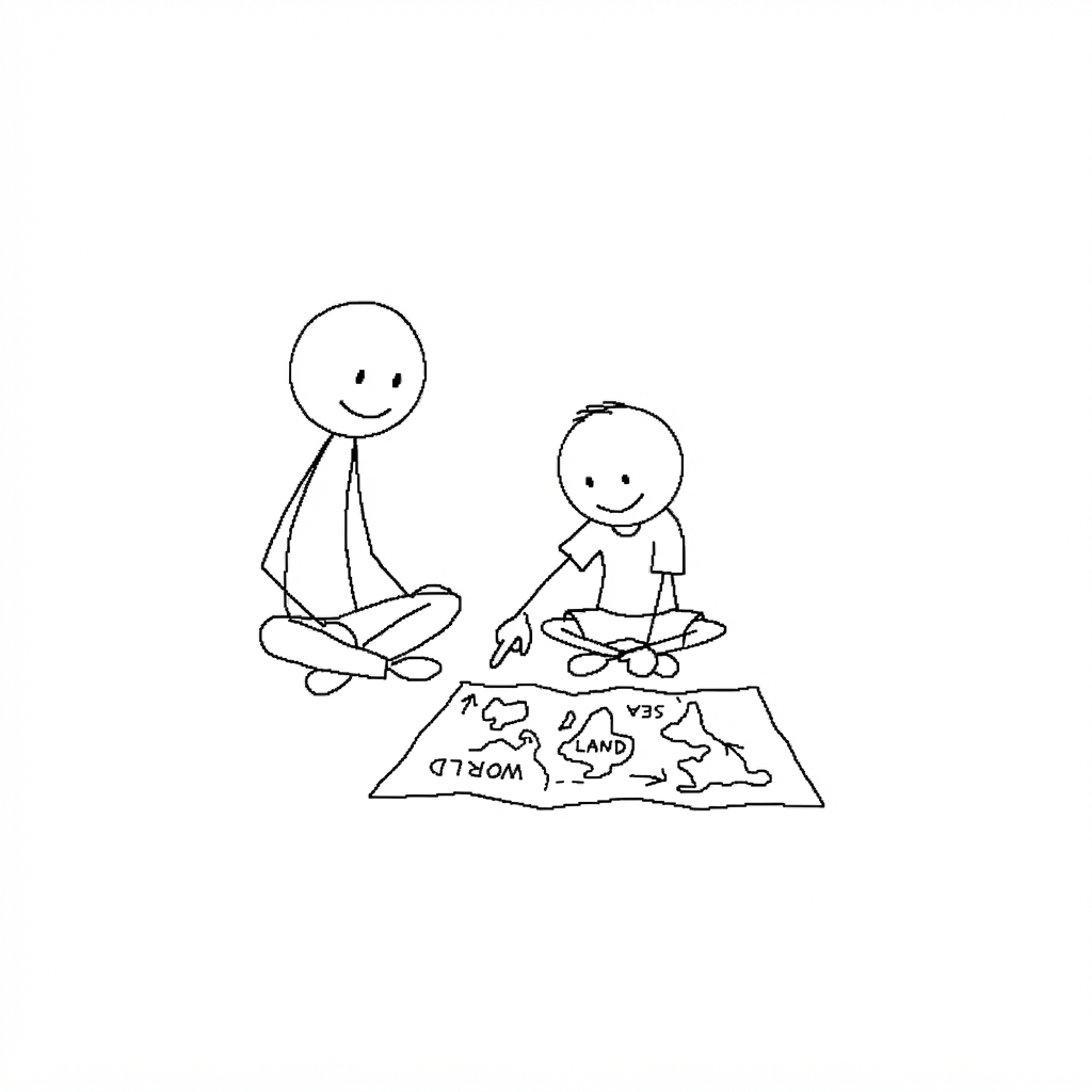 Stick-figure child learning from a map and globe