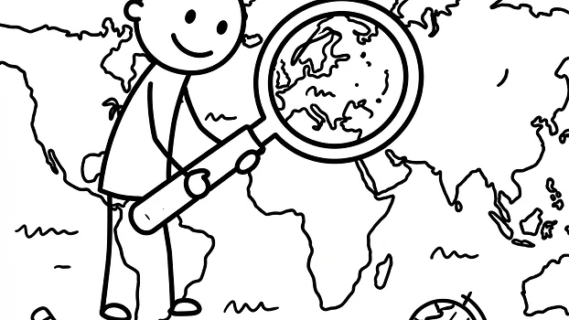 A stick-figure child exploring a world map with a magnifying glass