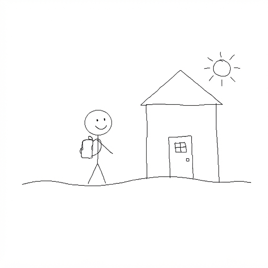 Stick-figure child with backpack at school