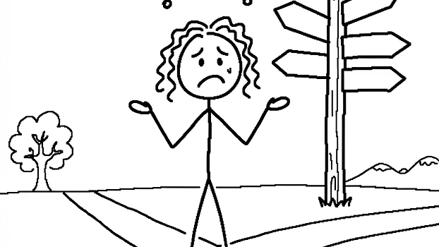 A stick-figure parent at a crossroads with question marks