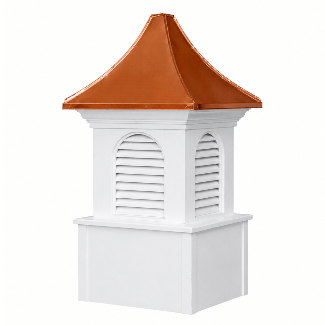 I-Model four-sided louvered cupola with crown molding and a pagoda-style copper roof
