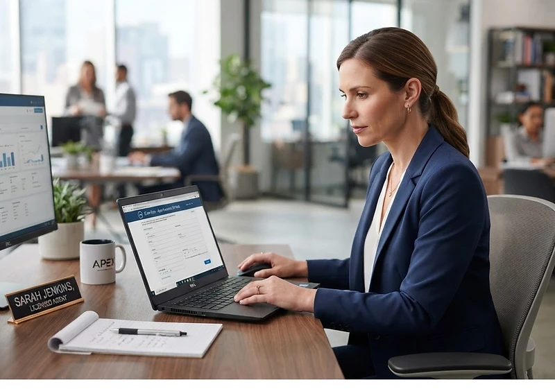 Insurance agent filling out an auto glass claim form on a laptop