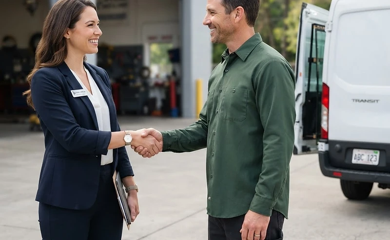 Insurance agent shaking hands with an Icon Auto Glass technician in a green shirt