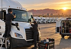 Two technicians setting a replacement windshield into a white semi truck at a fleet yard at sunrise, Las Vegas skyline and desert mountains behind