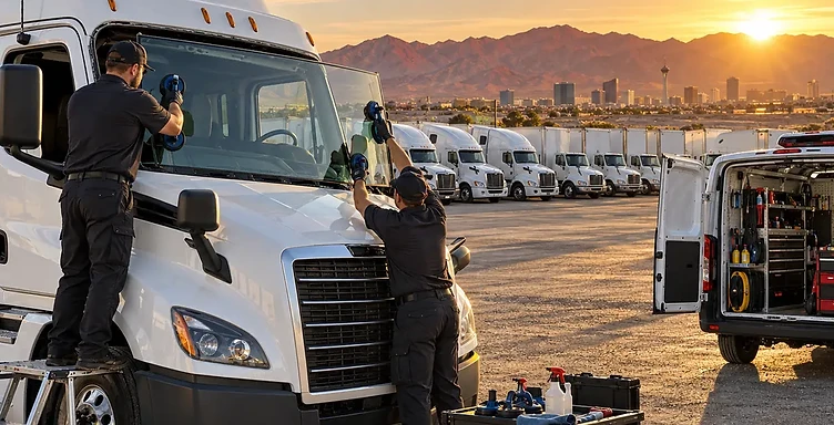 Two technicians setting a replacement windshield into a white semi truck at a fleet yard at sunrise, Las Vegas skyline and desert mountains behind