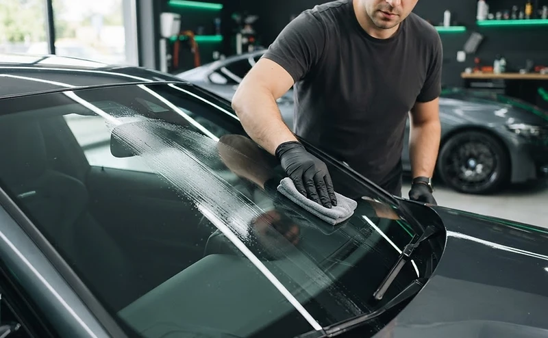 Technician wiping the clear liquid Autto Brilliance coating onto a windshield with an applicator cloth