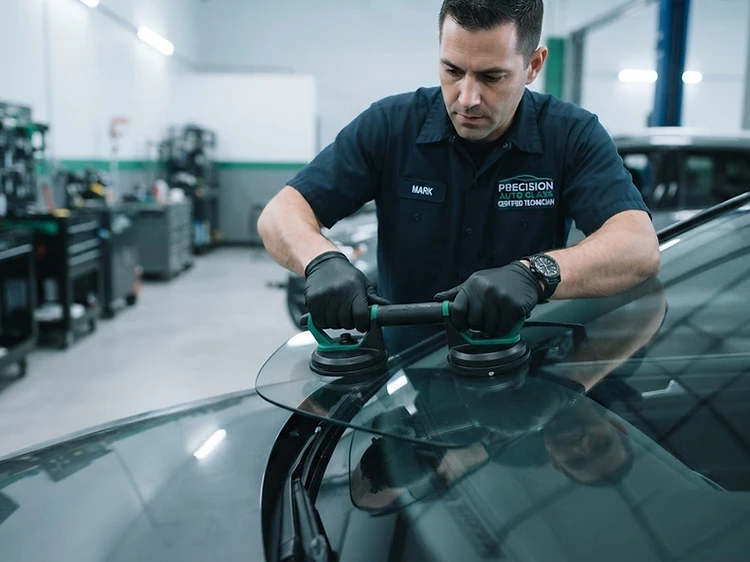 Icon Auto Glass certified technician performing a windshield replacement