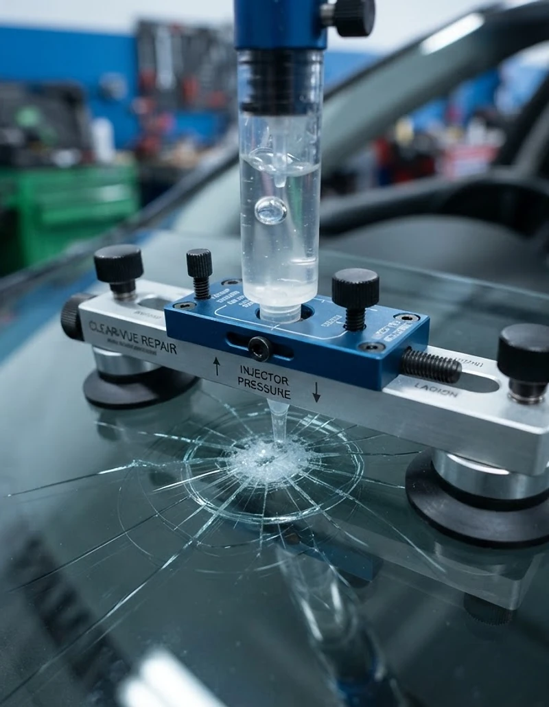 Icon Auto Glass technician repairing a rock chip in a windshield
