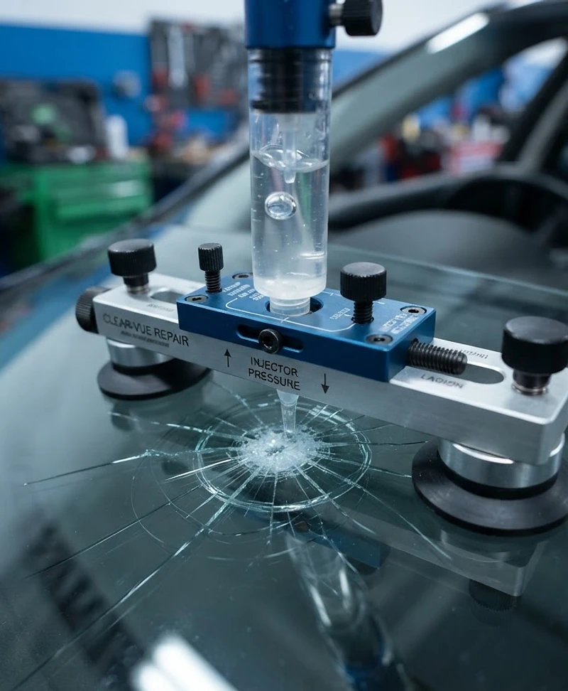 Icon Auto Glass technician repairing a rock chip in a windshield