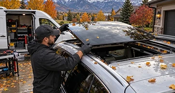Mobile technician fitting replacement panoramic sunroof glass on an SUV in a Utah driveway, with autumn leaves and the Wasatch mountains behind