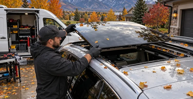 Mobile technician fitting replacement panoramic sunroof glass on an SUV in a Utah driveway, with autumn leaves and the Wasatch mountains behind