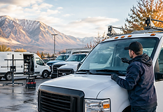 Technician repairing a windshield chip on a white fleet truck in a yard, with more trucks, an open mobile service van, and snow-dusted mountains behind