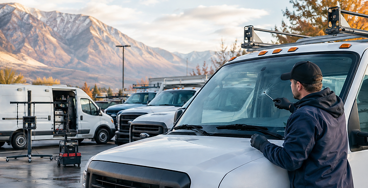 Technician repairing a windshield chip on a white fleet truck in a yard, with more trucks, an open mobile service van, and snow-dusted mountains behind