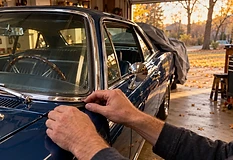 Hands easing a cover over the windshield trim of a restored dark blue classic coupe before winter storage, autumn leaves outside the garage