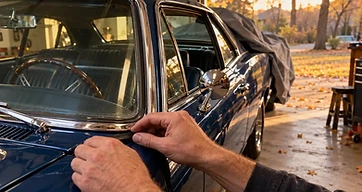 Hands easing a cover over the windshield trim of a restored dark blue classic coupe before winter storage, autumn leaves outside the garage