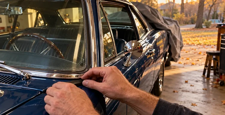 Hands easing a cover over the windshield trim of a restored dark blue classic coupe before winter storage, autumn leaves outside the garage
