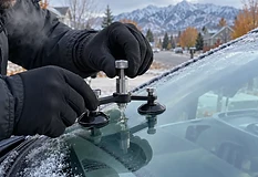 Technician using a resin repair bridge on a star-shaped windshield chip on a frosty Utah morning, snow-capped Wasatch peaks behind