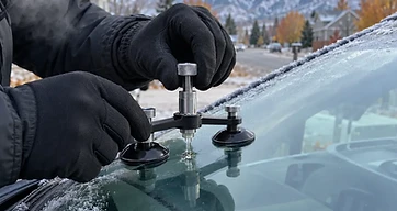 Technician using a resin repair bridge on a star-shaped windshield chip on a frosty Utah morning, snow-capped Wasatch peaks behind