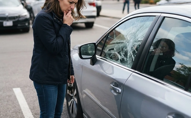 Driver standing outside their car inspecting a cracked driver's side window